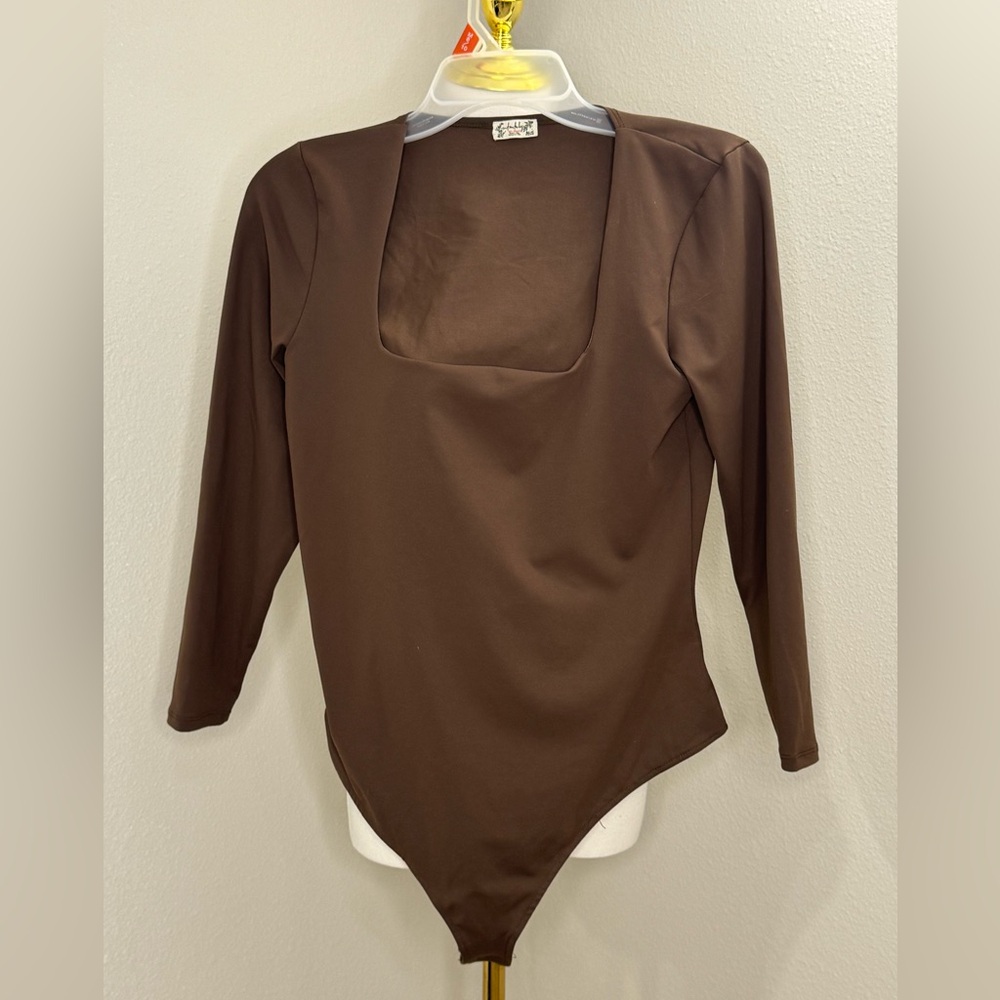Free People Brown Bodysuit Square Neck 3/4 Sleeve Fitted Stretch Top Large